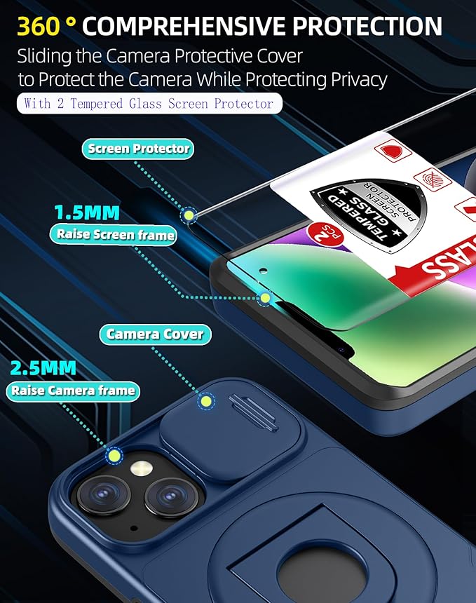 for iPhone 13 Case/for iPhone 14 Case Compatible with MagSafe Magnetic,with 2 Screen Protectors,with Camera Cover+Stand Ring,Military Grade Shockproof Heavy Duty Protection Phone Bumper Blue
