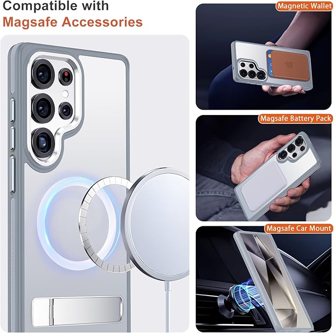 for Samsung Galaxy S25 Ultra Case, Shockproof S25 Ultra Phone Case with Kickstand, Anti-Skid Protective Case Fits for Magsafe, Translucent Hard Back Cover for Galaxy S25 Ultra (Grey/White)