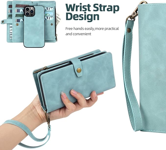 TwoHead for iPhone 13 Pro Wallet Case with Card Holder & Detachable Magnetic Phone Case, PU Leather Shockproof Protective Cover,Wrist Strap(Dream Blue)