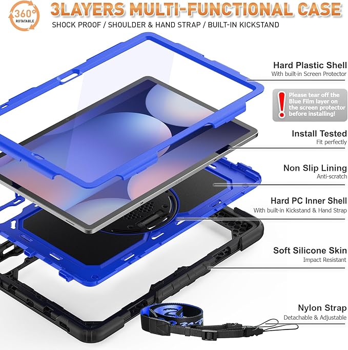 Timecity Case for Samsung Galaxy Tab S10 Plus/ S9 FE Plus/ S9 Plus 5G Tablet 12.4'' Case - Heavy Duty Protective Cover with Screen Protector, Stand, Shoulder Strap & S Pen Holder, Kids-Friendly, Blue