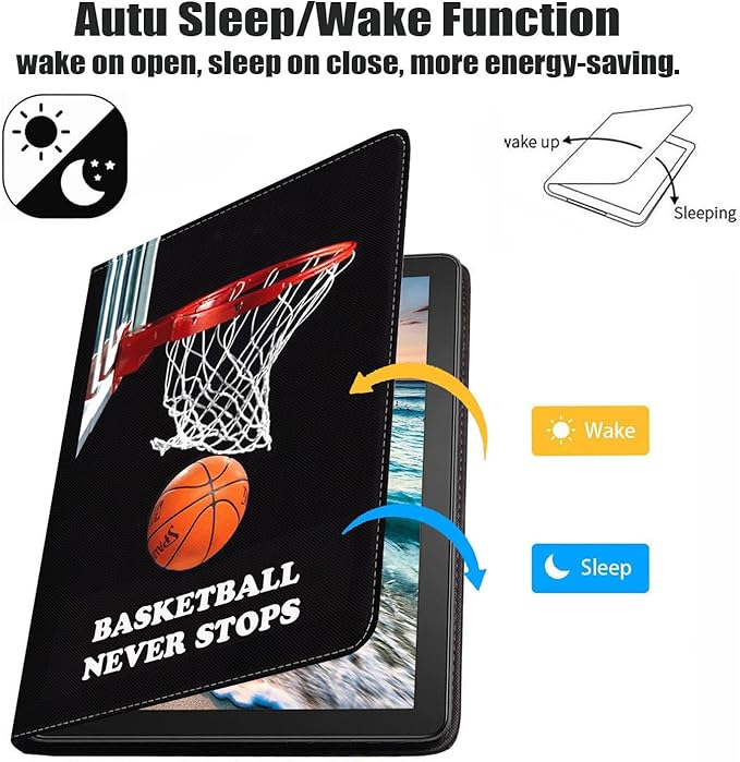 Case for Samsung Galaxy Tab A7 10.4 inch 2022/2020 (SM-T500/T503/T505/T507/T509), Premium PU Leather Stand Folio Cover with Auto Sleep/Wake, Basketball Never Stops