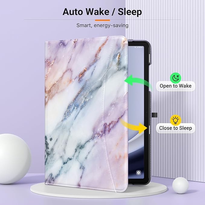 MoKo Case for Samsung Galaxy Tab A9 Plus 11" 2023 (SM-X210/SM-X216/SM-X218), PU Leather Multi-Angle Viewing Folding Stand Cover Case with Hand Strap, Front Pocket, Auto Wake/Sleep, Purple Marble