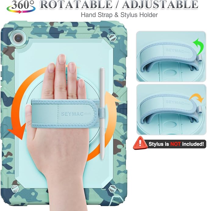 SEYMAC stock Case for Samsung Galaxy Tab A9+ Plus 11'', Full-Body Drop Protection Case with Screen Protector Pencil Holder [360° Rotating Hand Strap] &Stand, SkyBlue Camo