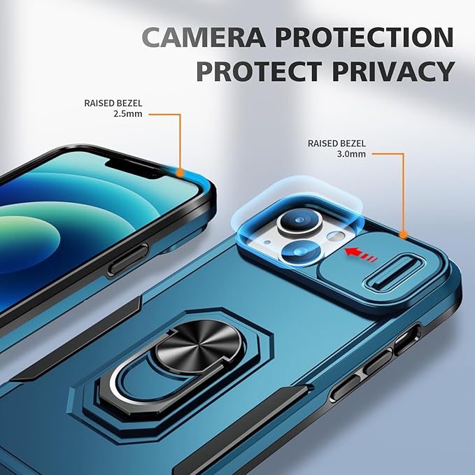 Phone Case for iPhone 14 Case with Kickstand Ring Holder, with Camera Cover, with Magnetic Car Mount Function, for iPhone 14 - Blue