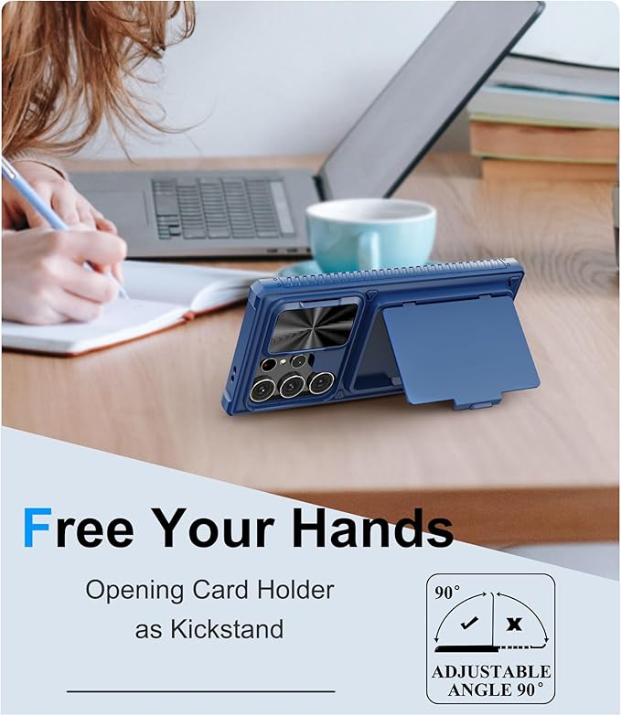 for Samsung Galaxy S23 Ultra Case with Card Holder (Store 4-5 Cards), Slide Lens Cover & Stand, Military Grade Protection, Heavy Duty Shockproof Wallet Phone Case for Galaxy S23 Ultra, Blue