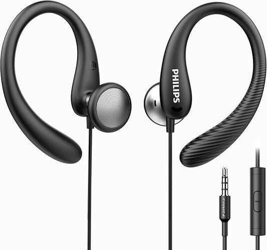 PHILIPS Over The Ear Earbuds, Flexible Wrap Around Earbuds, Around Ear Headphones with Mic Behind The Ear Headphones, Perfect for Sports, Running, Exercise, Gym (Black)