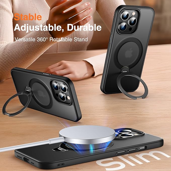360° O-Ring MagStander for iPhone 13 Pro Case with Magnetic Kickstand Ring Holder [Compatible with MagSafe][360°Rotate Stand Ring][Military Shockproof] iPhone 13 Pro Phone Cover Matte Black