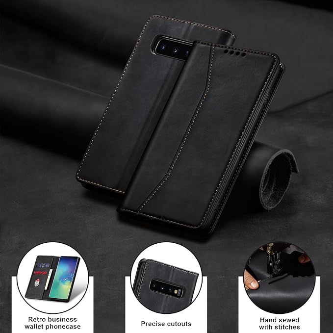 Jasonyu Flip Wallet Case for Samsung Galaxy S10 Plus,Leather Magnetic Folio Cover with Card Holder,Kickstand - TPU Shockproof Durable Protective Phone Case,Black
