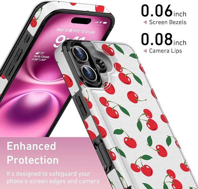 FUNMIKO for iPhone 16 Wallet Case with Card Holder, RFID-Blocking, Military-Grade Protection & UV-Printed Artwork, Magnetic Closure with Leather Kickstand - Juicy Cherries