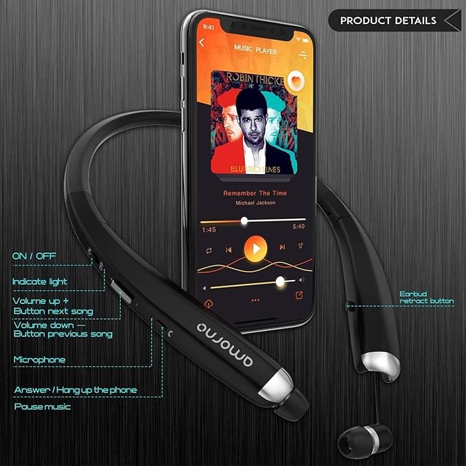 AMORNO Foldable Bluetooth Headphones, Wireless Neckband Sports Headset with Retractable Earbuds, Sweatproof Noise Cancelling Stereo Earphones with Mic