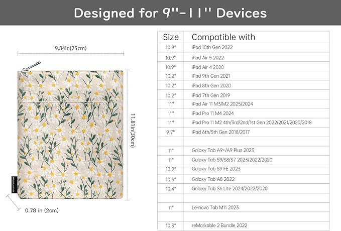 9-11 Inch Embroidered Daisy Padded Carrying Case Protective Tablet Sleeve for iPad A16 11th Gen 11"/10th Gen 10.9", iPad Air 11"/Pro 11"/Air 5th 4th 10.9", Galaxy Tab A9+ Plus 11", Beige