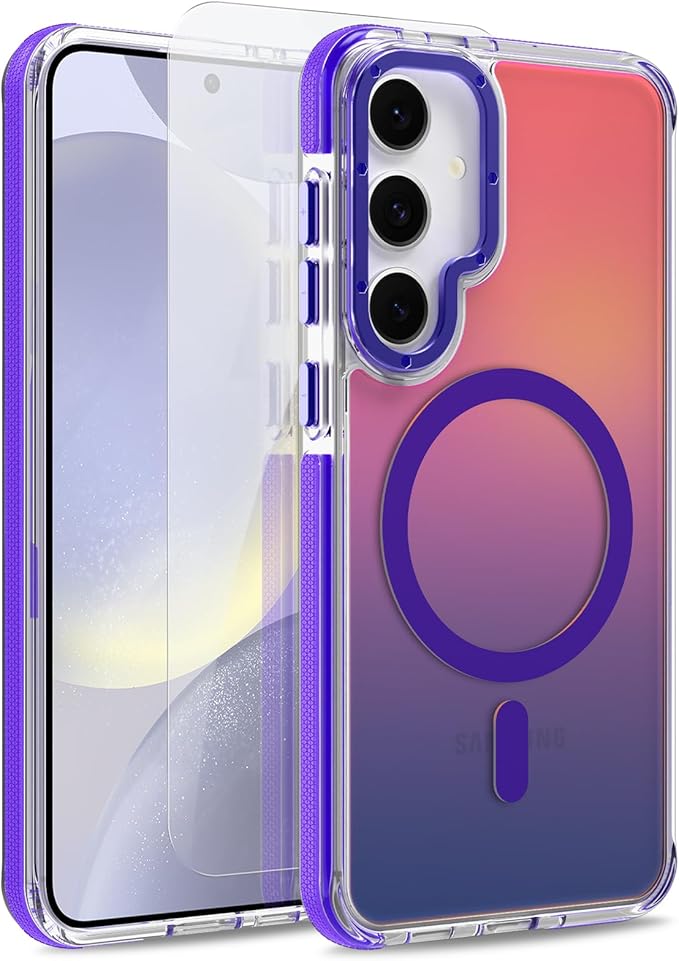 MOWIME Magnetic Case for Samsung Galaxy S24 [Compatible with Magsafe] [Cute Fashion Fluorescent Design] [1 Screen Protector] Slim Translucent Matte Case for Galaxy S24 6.2", Purple