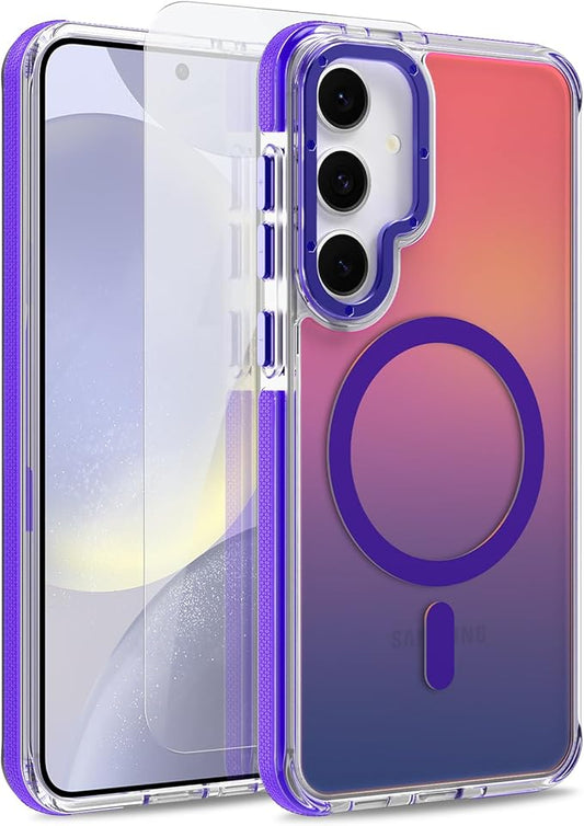 MOWIME Magnetic Case for Samsung Galaxy S24 [Compatible with Magsafe] [Cute Fashion Fluorescent Design] [1 Screen Protector] Slim Translucent Matte Case for Galaxy S24 6.2", Purple