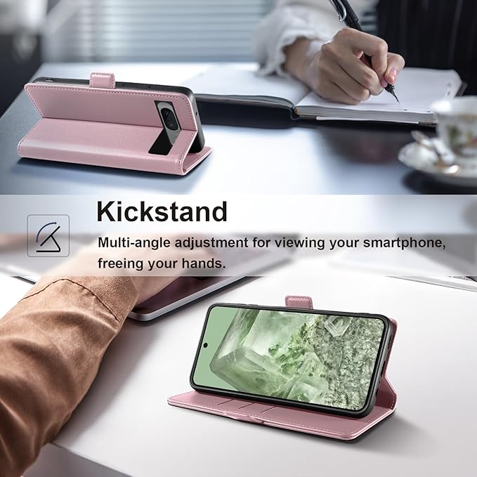Wallet Flip Case for Google Pixel 8 - [RFID Blocking] Luxury PU Leather Card Holder Magnetic Phone Cover with Kickstand,Shockproof Protective Case,Pink