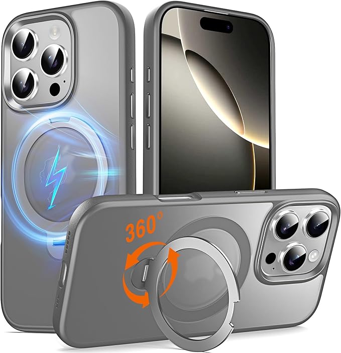 360° O-Ring MagStander for iPhone 16 Pro Case with Magnetic Kickstand Ring Holder [Compatible with MagSafe][360°Rotate Stand Ring][Military Shockproof] iPhone 16 Pro Phone Cover Matte Grey