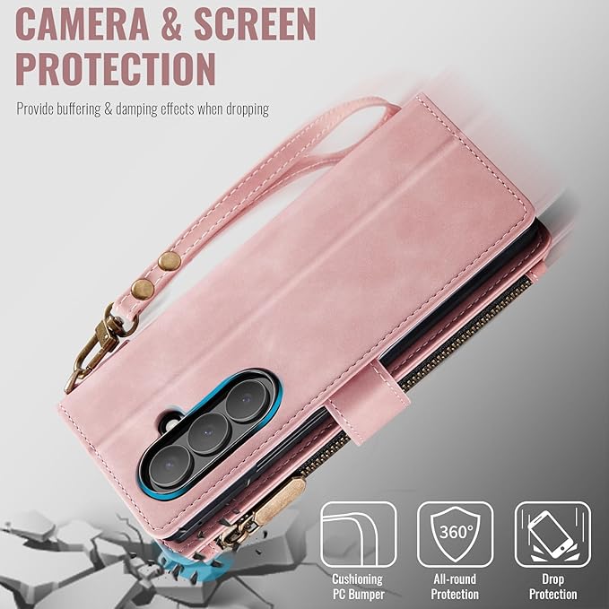 Vinich for Samsung Galaxy Z Fold 7 Wallet Case with Card Holder, Detachable Strap RFID Blocking Credit Slots Kickstand Shockproof Phone Cover for Women Men, Rose Pink