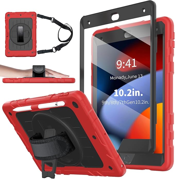 Case for iPad 9th/8th/7th Generation-Built-in Screen Protector,with Pencil Holder&360°Rotating Hand Strap,Shoulder Strap,Case for iPad 10.2 inch 2021-2019(Red/Black)