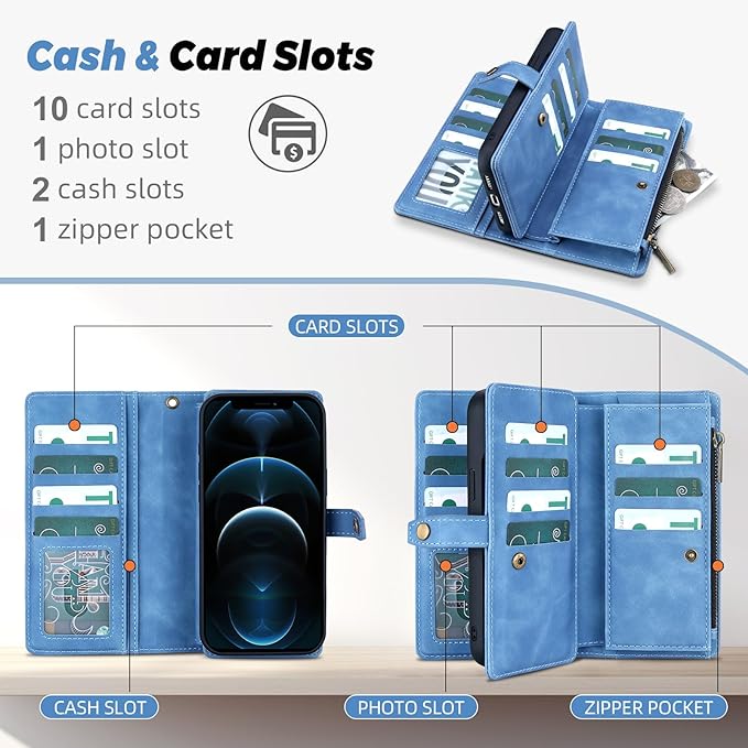 TwoHead for iPhone 12 Pro Max Wallet Case with Card Holder,Detachable Magnetic 12 Pro Max Phone Case, PU Leather Shockproof Protective Cover Wallet for Women/Men,6.7IN,Sky Blue