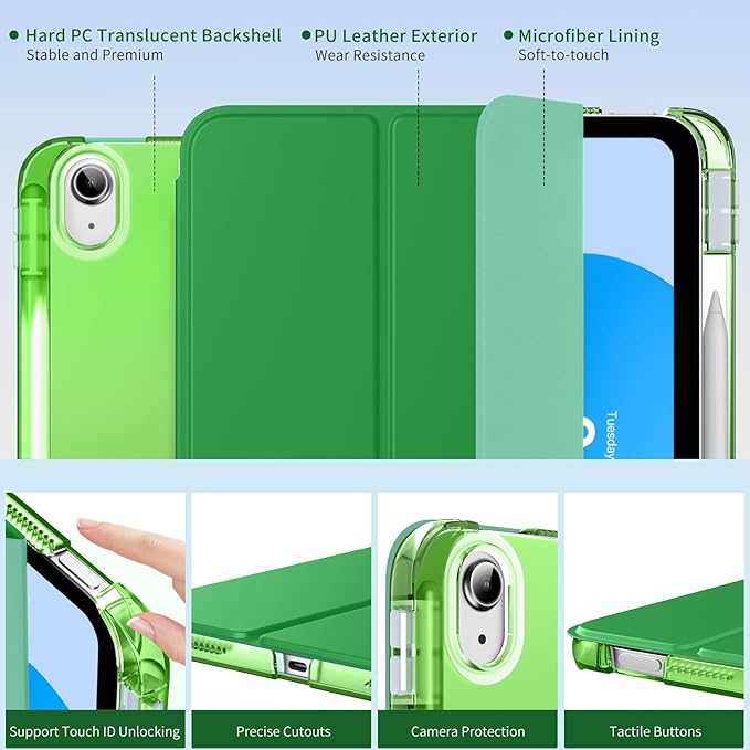 MoKo for iPad (A16) 11th Generation Case 11 Inch 2025, iPad 10th Gen Case 10.9 Inch 2022 with Pencil Holder, Slim Light Trifold Protective Cover with Hard PC Translucent Back Shell, Forest Green