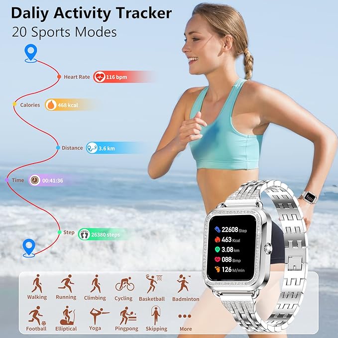 Efolen Smart Watches for Women with Diamonds (Answer/Make Call), 1.57'' Bluetooth Smartwatch for Android iOS Phones, Waterproof Fitness Tracker with Heart Rate/SpO2/Sleep/BP/AI Voice (Silver)