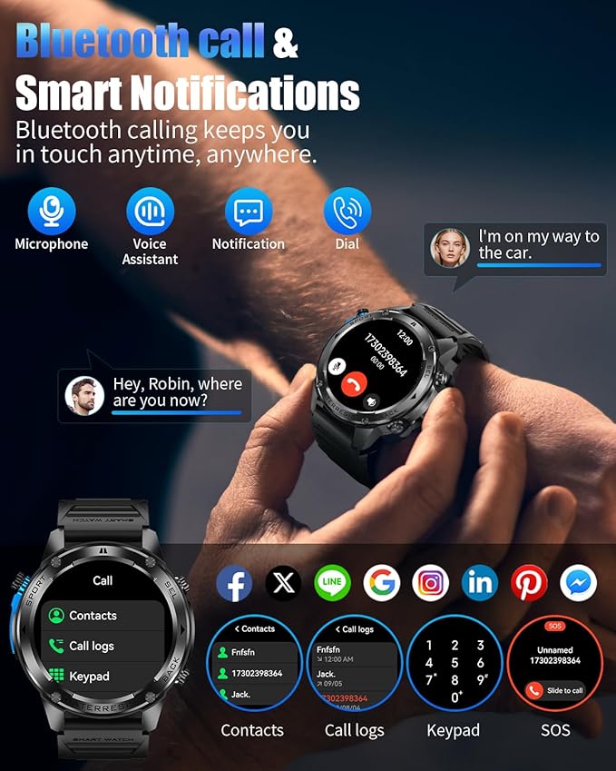 Military Smart Watch for Men with GPS, 1.43" AMOLED Smart Watch with Bluetooth Call, 5ATM Waterproof, 170+ Sports Modes, 500mAh Heart Rate/Sleep/SpO2 Monitor, Fitness Tracker for Android iOS