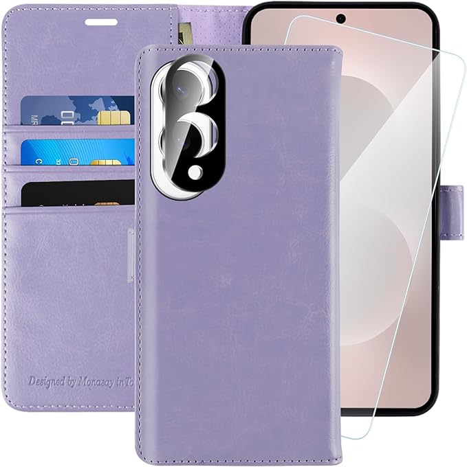 MONASAY Wallet Case Fit for Samsung Galaxy S25 Edge 5G，[Lens & Glass Screen Protector] [RFID Blocking] Flip Folio Leather Cell Phone Cover with Credit Card Holder, 6.7 inch, Lavenders