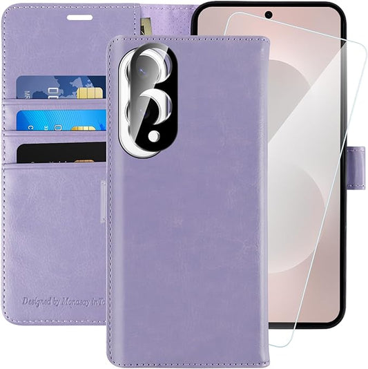 MONASAY Wallet Case Fit for Samsung Galaxy S25 Edge 5G，[Lens & Glass Screen Protector] [RFID Blocking] Flip Folio Leather Cell Phone Cover with Credit Card Holder, 6.7 inch, Lavenders