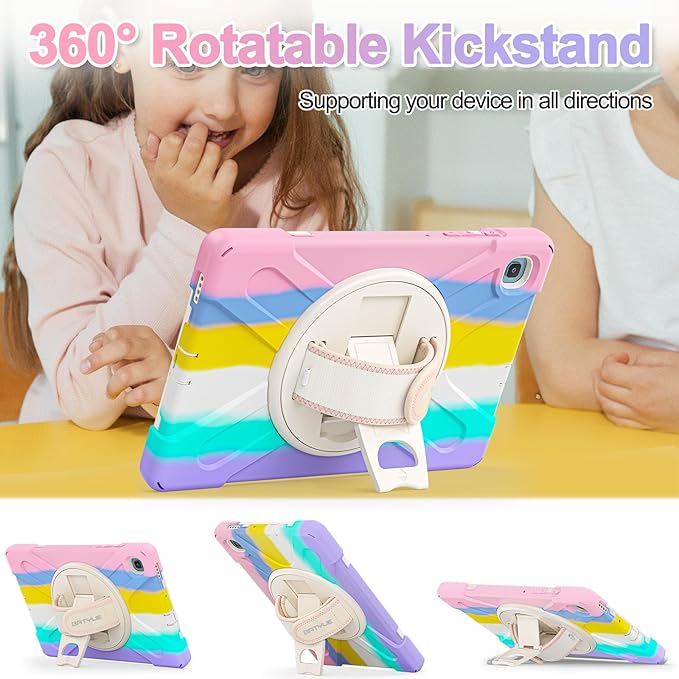 BATYUE Case for Samsung Galaxy Tab S6 Lite 10.4 Inch 2024/2022/2020 (SM-P610/P613/P615/P619/P620/P625/P627), Protective Cover with Pencil Holder, Shoulder Strap, Hand Strap, Kickstand (Colourful Pink)
