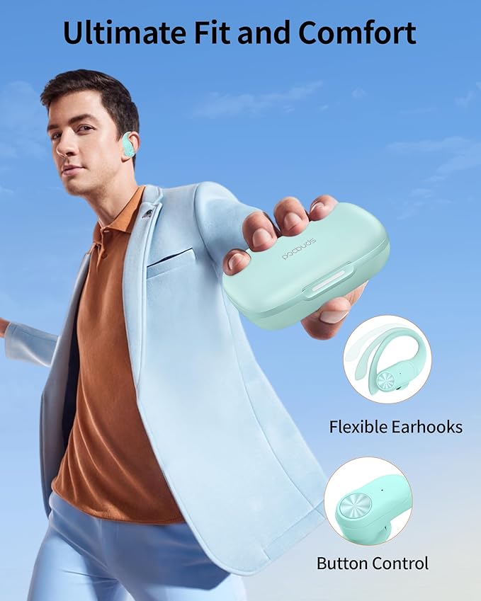 PocBuds Bluetooth Headphones Wireless Earbuds 80hrs Playtime Wireless Charging Case Digital Display Sport Ear buds with Earhook Deep Bass IPX7 Waterproof Over-Ear Earphones for Phone Laptop Mint Green