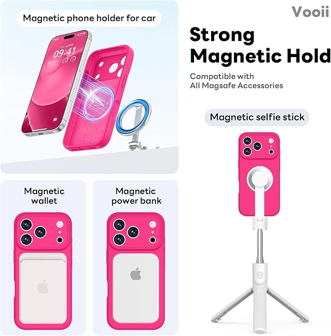 Vooii Magnetic Compatible with iPhone 17 Pro Max Case (Compatible with Magsafe) (Upgraded Camera Protection) Liquid Silicone Shockproof Full Body Protective Phone Cover for Women Men, Hot Pink, 6.9”