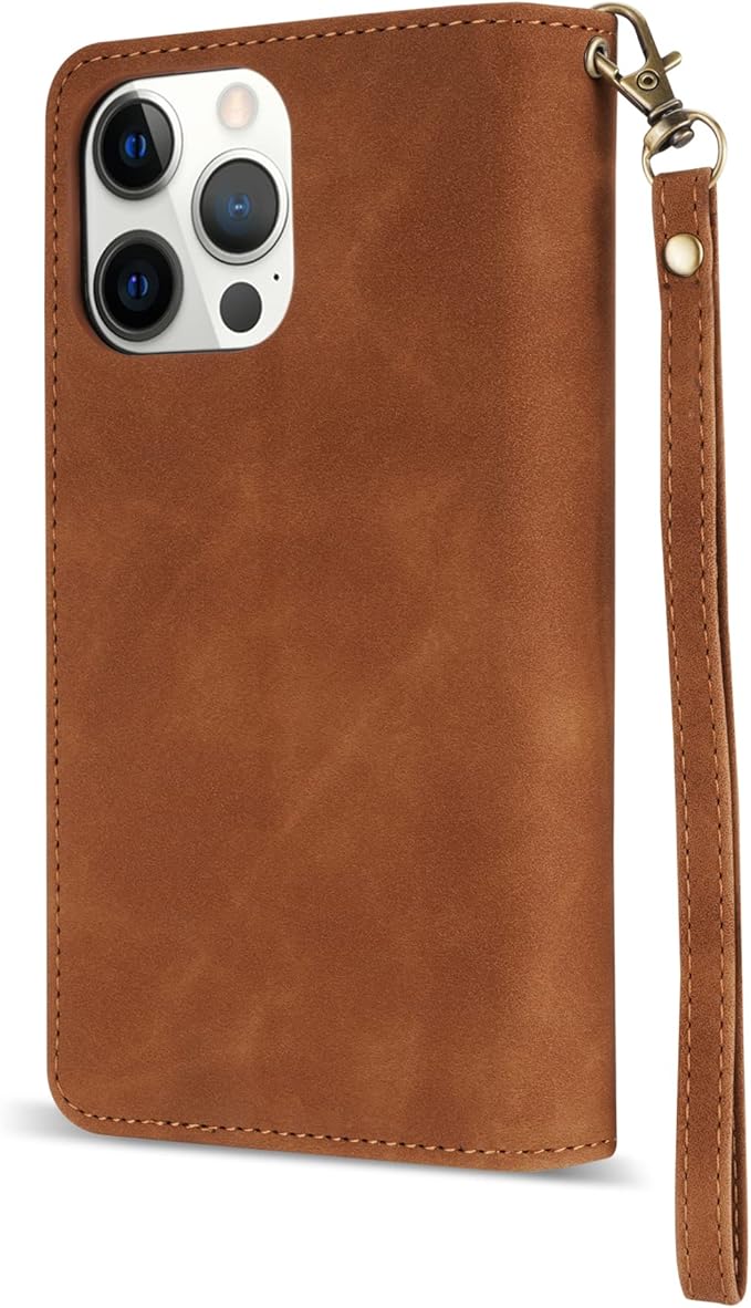ZZXX for iPhone 14 Pro Max Case Wallet with [RFID Blocking] Card Slot Soft PU Leather Zipper Flip Folio with Wrist Strap Kickstand Protective Cover for iPhone 14 Pro Max Wallet Case(Brown-6.7 inch)