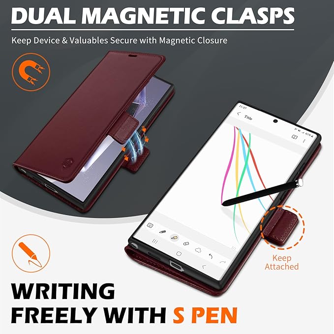 SHIELDON Wallet Case for Galaxy S25 Ultra 6.9", Genuine Leather Folio Magnetic Wallet Cover RFID Blocking Credit Card Holder Kickstand Shockproof Case Compatible with Galaxy S25 Ultra - Nappa Wine Red