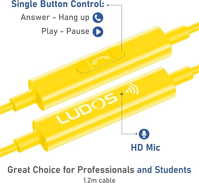 LUDOS OMNITONE Wired Earbuds in-Ear Headphones, 5 Years Warranty, Earphones with Microphone, 3.5 mm Jack Corded Ear Buds, Videoconference for iPhone, Samsung, Laptop, Kids, School Students - Yellow