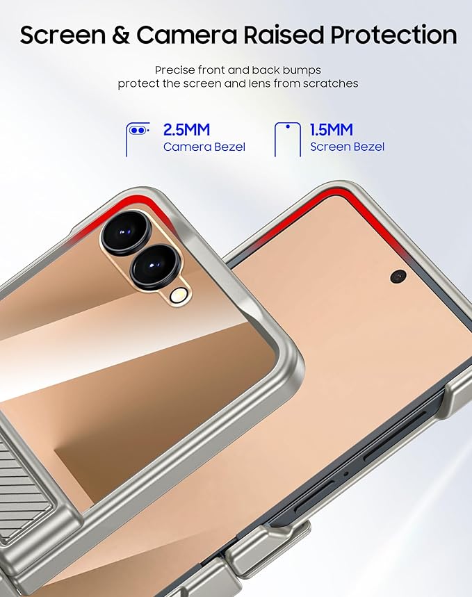 CENMASO for Samsung Galaxy Z Flip 7 Case Wallet Card Holder [RFID Blocking] & Hinge Protection & HD Screen Protector, Rugged Full-Body Cover Shockproof Phone Case for Z Flip 7-Natural Titanium