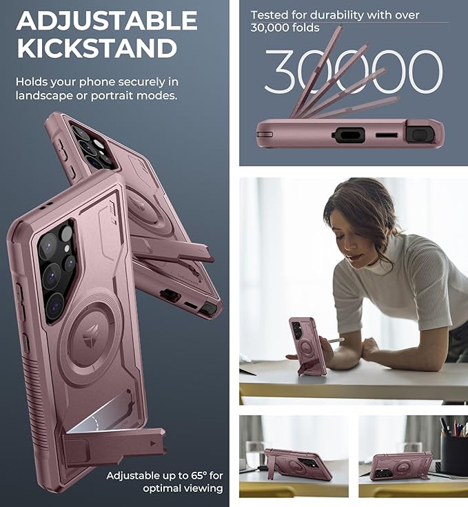 Dexnor Magnetic Case for Samsung Galaxy S24 Ultra Case, Compatible with Magsafe, 2 Front Frames & Built-in Screen Protector, Bumper Rugged Shockproof Full-Body Protective Cover with Kickstand,Pink
