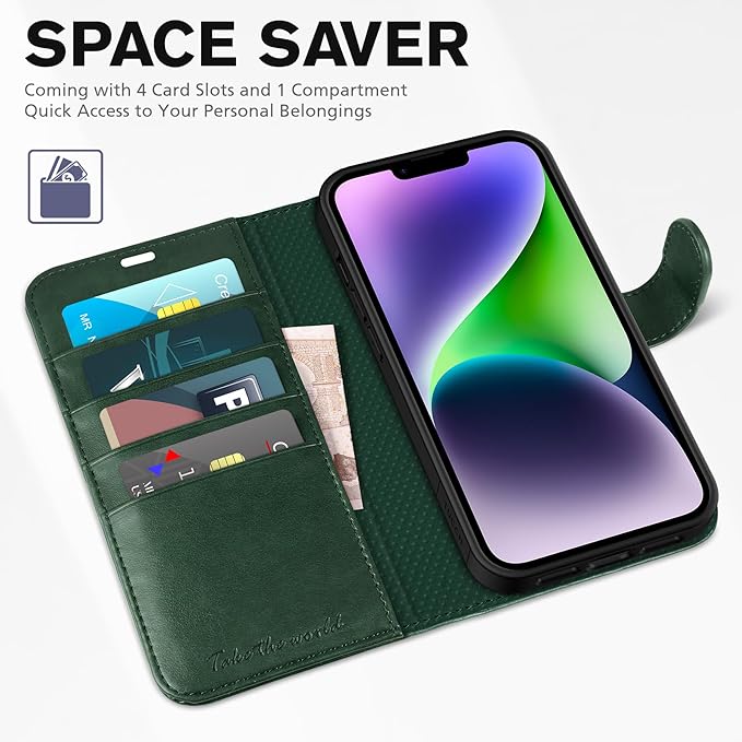 TUCCH Case Wallet for iPhone 14 6.1", Protective [TPU Shockproof Inner Shell], PU Leather [RFID Blocking] [4 Card Holder] Magnetic Stand Cover Compatible with iPhone 14 6.1" 2022, Midnight Green