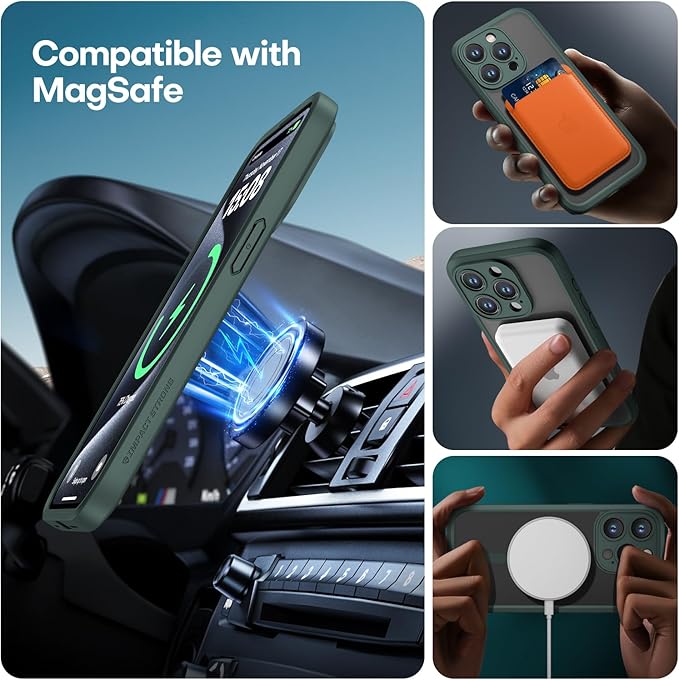 ImpactStrong Magnetic Guard Designed for iPhone 15 Pro Case [Camera Protection] [Military Grade Drop Tested] [Compatible with MagSafe] Slim Translucent Matte Phone Case (6.1") - Dark Green