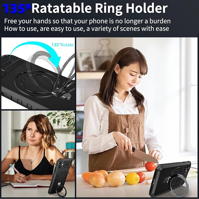 for iPhone 12 Case Magnetic Compatible with MagSafe Wireless Charging,with 2 Screen Protectors,Built-in Kickstand Ring,Shockproof Shock-Absorbent Scratch Resistant Heavy Duty Protection Black