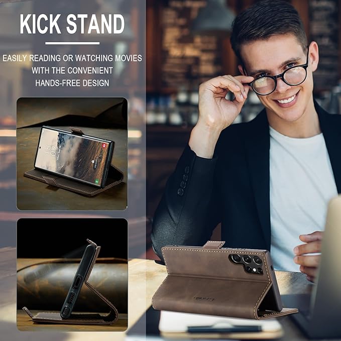 for Samsung Galaxy S25 Ultra Case, Flip Wallet Leather Case with Card Holder Magnetic Closure Shockproof Kickstand Protective Phone Cases Cover for Galaxy S25 Ultra, Coffee