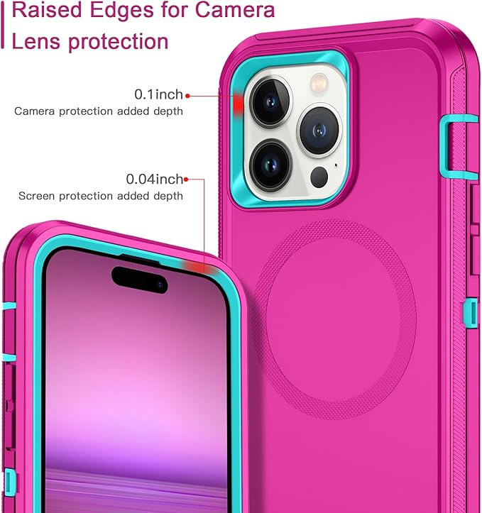 for iPhone 14 Pro Max Case [Compatible with MagSafe] Shockproof 3-Layer Full Body Protection Rugged Heavy Duty Cover Case for Apple iPhone 14 Pro Max 6.7",Rose Red/Green