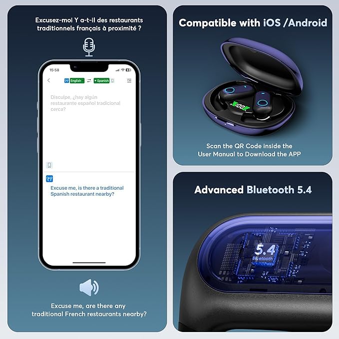168 Languages AI Live Translation Earbuds, 4-in-1 Smart Mode Bluetooth 5.4 Touch Screen Earphones Real-Time Headphones Translator, Fit iOS and Android Ideal for Business and Learning, Deep Blue