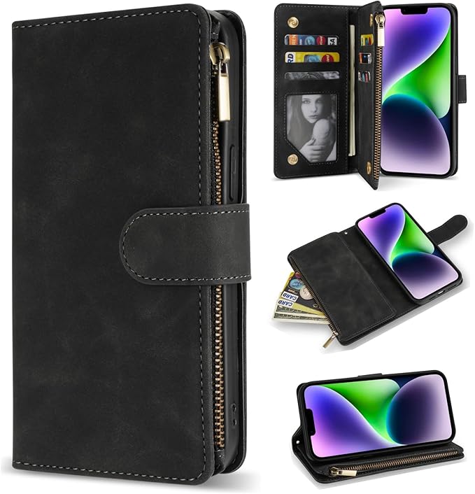 ZZXX for iPhone 14 Plus Case Wallet with [RFID Blocking] Card Slot Premium Soft PU Leather Zipper Flip Folio with Wrist Strap Kickstand Protective Cover for iPhone 14 Plus Wallet Case(Black-6.7 inch)