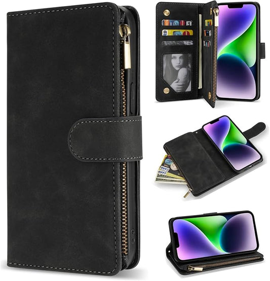 ZZXX for iPhone 14 Plus Case Wallet with [RFID Blocking] Card Slot Premium Soft PU Leather Zipper Flip Folio with Wrist Strap Kickstand Protective Cover for iPhone 14 Plus Wallet Case(Black-6.7 inch)