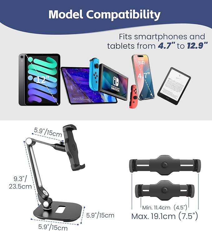 Tablet Stand Universal Holder for 4.9" - 12.9" Devices, 360° Rotating Security Stand for iPad, iPad Air, Samsung, Height Adjustable Foldable Table Top(Black)