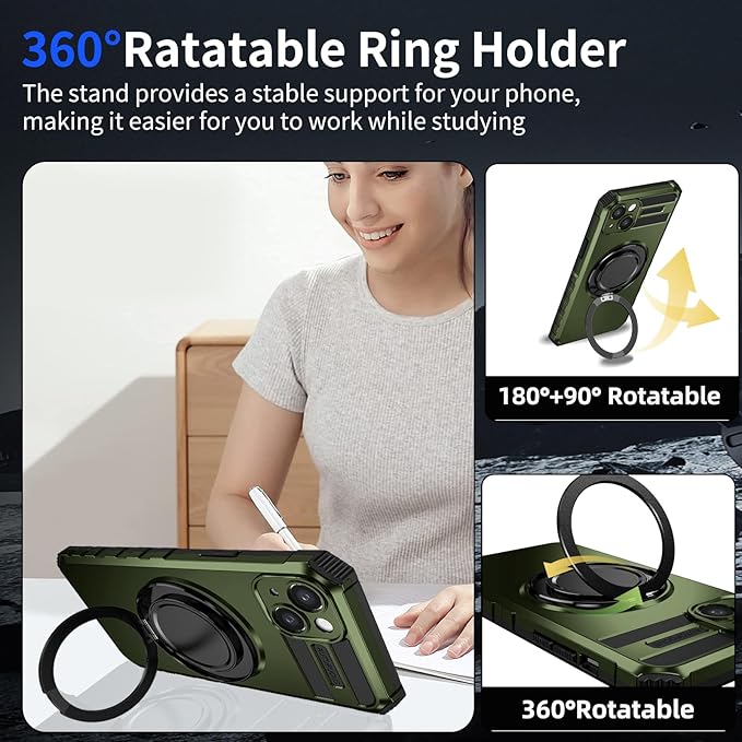 for iPhone 15 Case Compatible with MagSafe Magnetic,with 2 Tempered Glass Screen Protectors,Built-in 360°Kickstand Ring,Military Grade Drop Shockproof Heavy Duty Protection Phone Bumper Green
