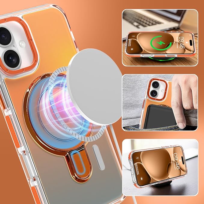MOWIME Magnetic for iPhone 17 Case with Stand [Compatible with Magsafe] [Cute Fashion Fluorescent Design] [1 Screen Protector] Slim Translucent Matte Case for iPhone 17 6.3" 2025, Orange