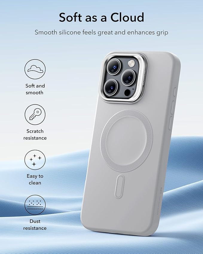 ESR for iPhone 16 Pro Max Case, Silicone Case with Stand, Compatible with, Built-in Camera Stash Stand, Magnetic Phone Case for iPhone 16 Pro Max, Cloud Series, Grey