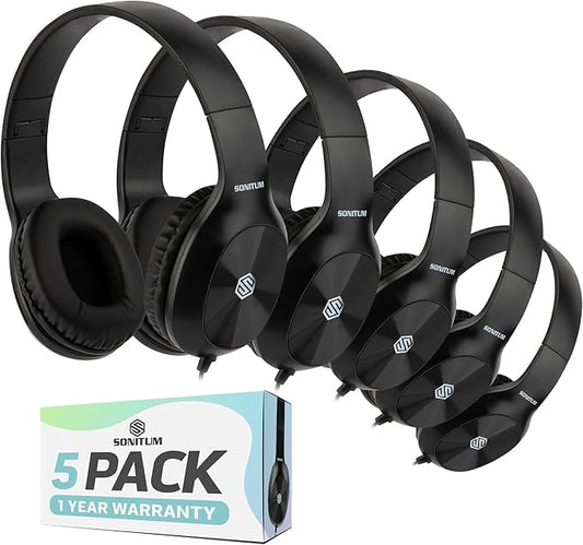Kids Headphones, 5-Pack, On-Ear, 3.5mm Wired, Adjustable, Cushioned, Black