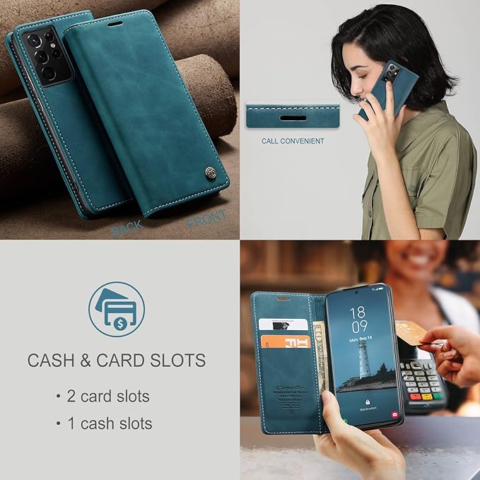 for Samsung Galaxy S21 Ultra Case, Flip Wallet Leather Case with Card Holder Magnetic Closure Shockproof Kickstand Protective Phone Cases Cover for Samsung S21 Ultra,Blue-Green