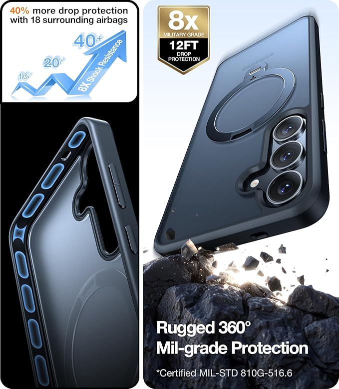 TORRAS 360Spin for Samsung Galaxy S25+ Plus Case with Stand, Fit for MagSafe 3X Military Grade Protective, Rotatable Kickstand for Samsung S25 Plus Case, Magnetic Ring Slim, Matte Black 6.7